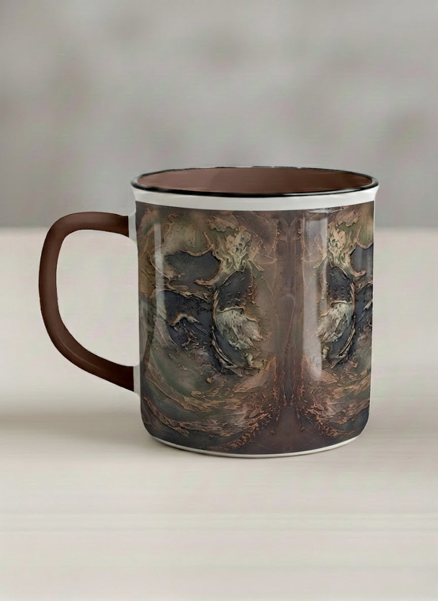 Enamel Mug | Memories of The Soul left view mug featuring abstract earth tones and natural patterns by Mersedes Mein - Gallery By Inhesion
