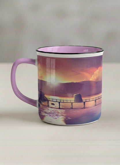 Enamel Mug | Gaze into the Golden Hour left view mug glowing sunset over a lakeside pier in warm amber and violet, soft lilac interior, by Samuel Kwok Gallery By Inhesion