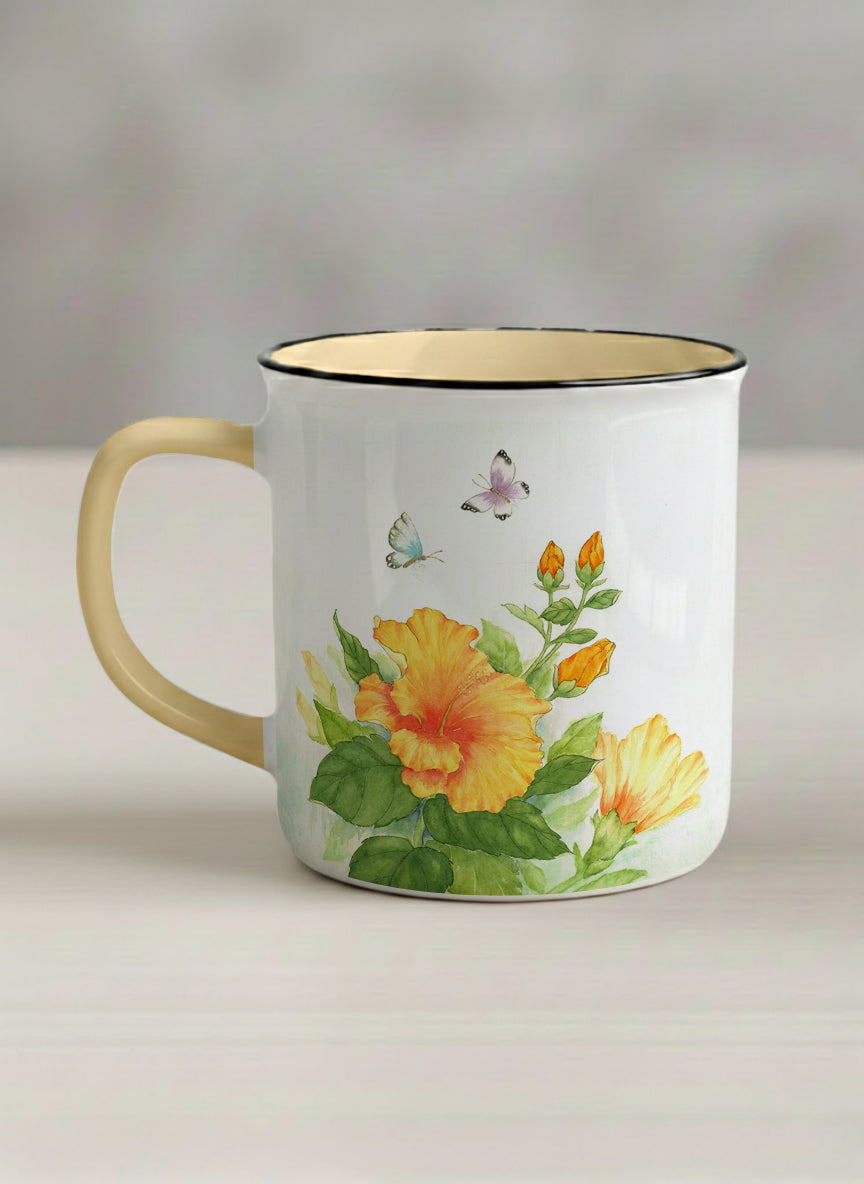 Enamel Mug | Butterfly Lovers left view mug with watercolor butterflies and vibrant yellow/orange flowers by Alice Wong - Gallery By Inhesion