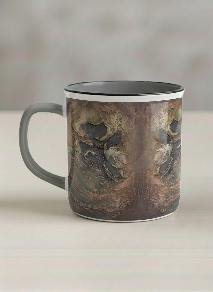 Enamel Mug | Memories of The Soul left view mug featuring abstract earth tones and natural patterns by Mersedes Mein - Gallery By Inhesion