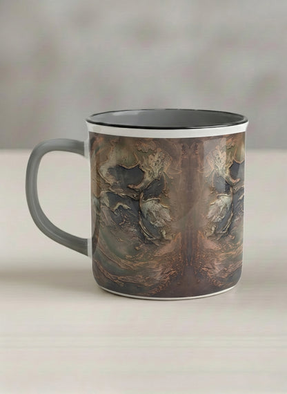 Enamel Mug | Memories of The Soul left view mug featuring abstract earth tones and natural patterns by Mersedes Mein - Gallery By Inhesion