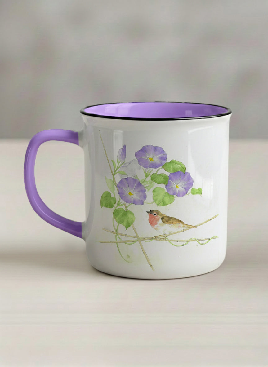 Enamel Mug | Morning Glory left view mug with watercolor bird and purple flowers artwork by Alice Wong - Gallery By Inhesion