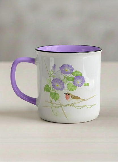 Enamel Mug | Morning Glory left view mug with watercolor bird and purple flowers artwork by Alice Wong - Gallery By Inhesion