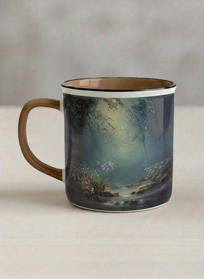 Enamel mug | Serenity Stream left view mug, an enchanted forest with glowing light filtering through misty teal trees and wildflowers by a stream, warm olive interior and handle, by Karina Mosser - Gallery By Inhesion