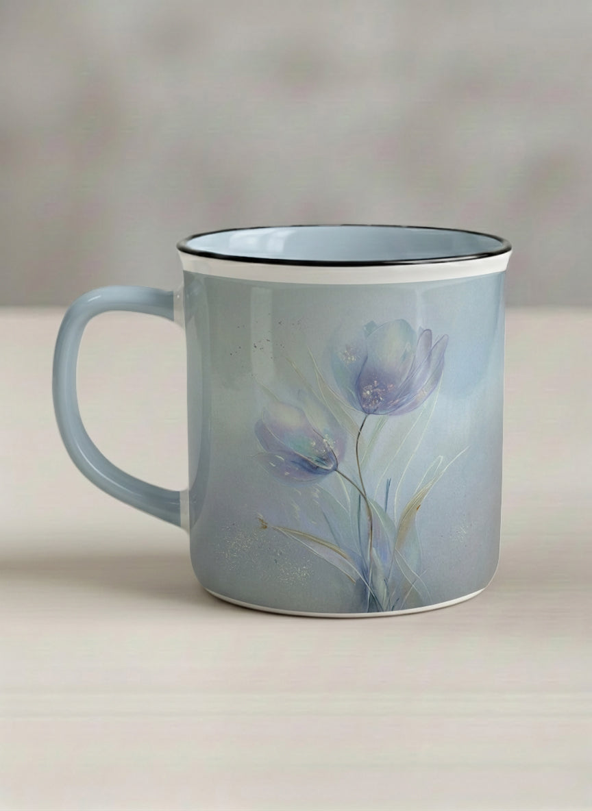 enamel mug | Glass Petals left view mug, a delicate translucent poppy bloom emerging from a soft misty blue-grey wash, matching powder blue interior and handle, by Karina Mosser - Gallery By Inhesion