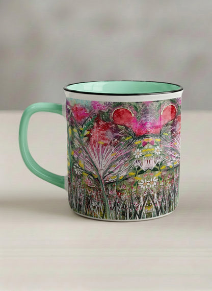 Enamel Mug | Garden Mantra left view mug with a vibrant floral design and colorful abstract pattern by Renee Pupetz - Gallery By Inhesion
