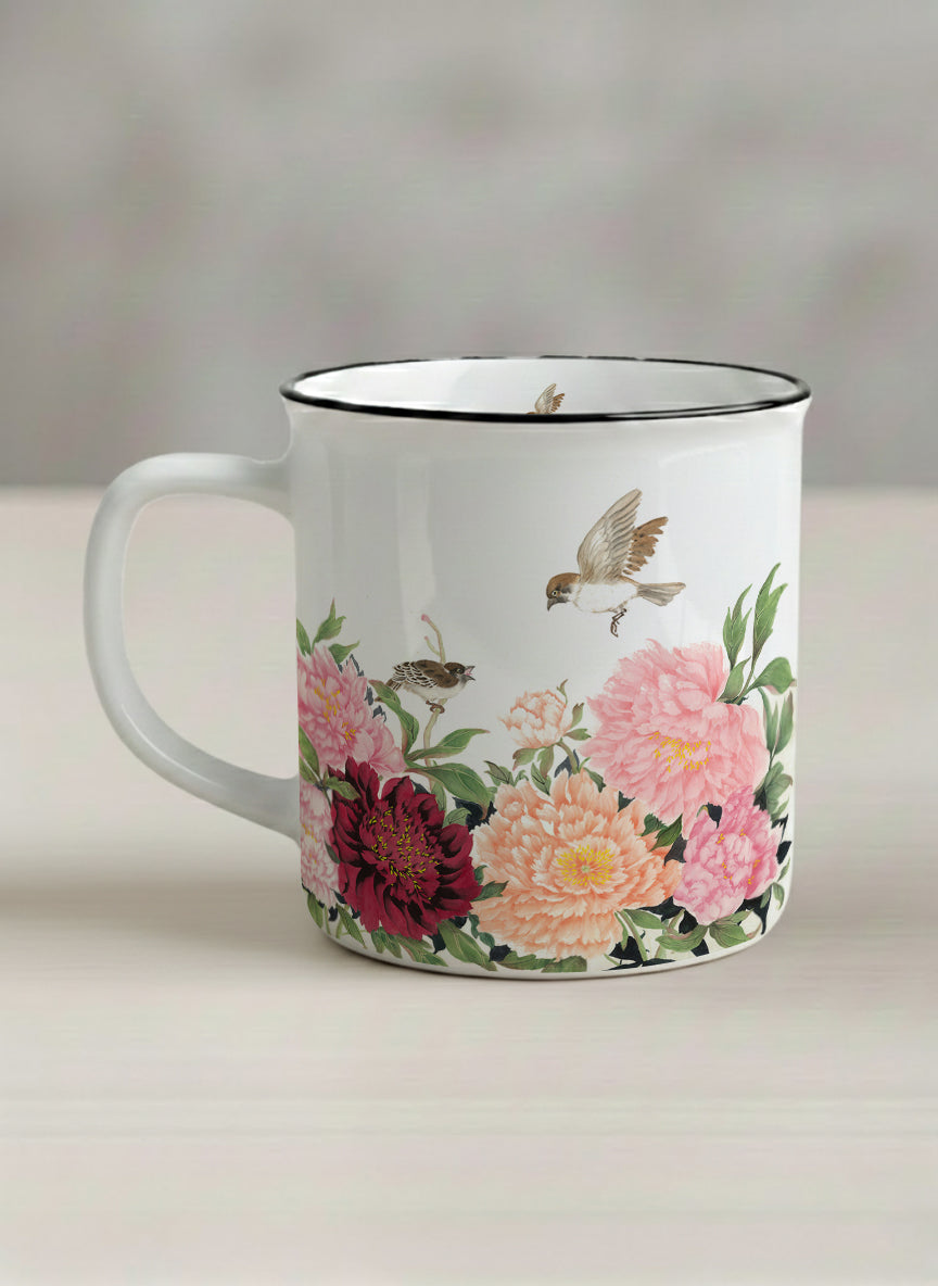 Enamel Mug | A Tapestry of Flowers left view mug with watercolor bird flying amid pink/red flowers by Alice Wong - Gallery By Inhesion