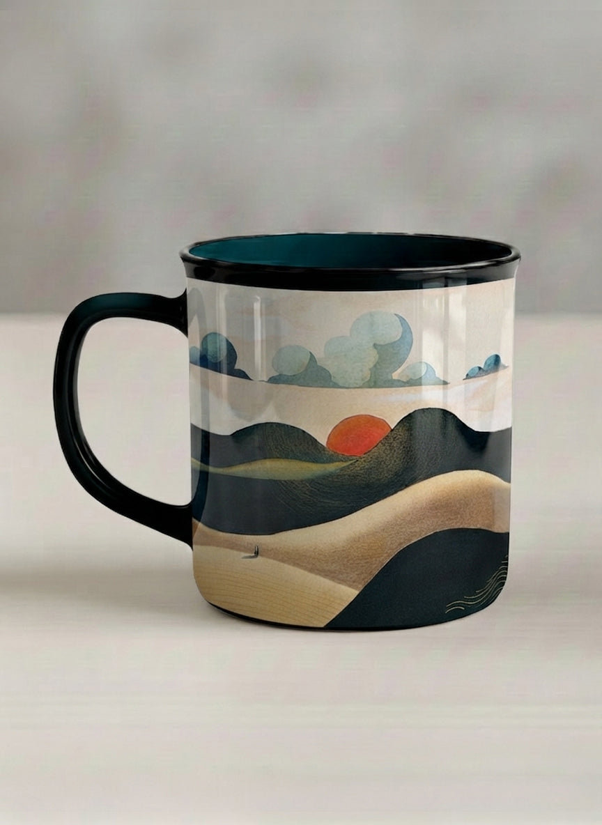 Enamel mug | Share a Sunset left view mug a lone figure walking through rolling sand dunes beneath a glowing orange sun and layered teal clouds, deep teal interior and handle, by KikaG - Gallery By Inhesion