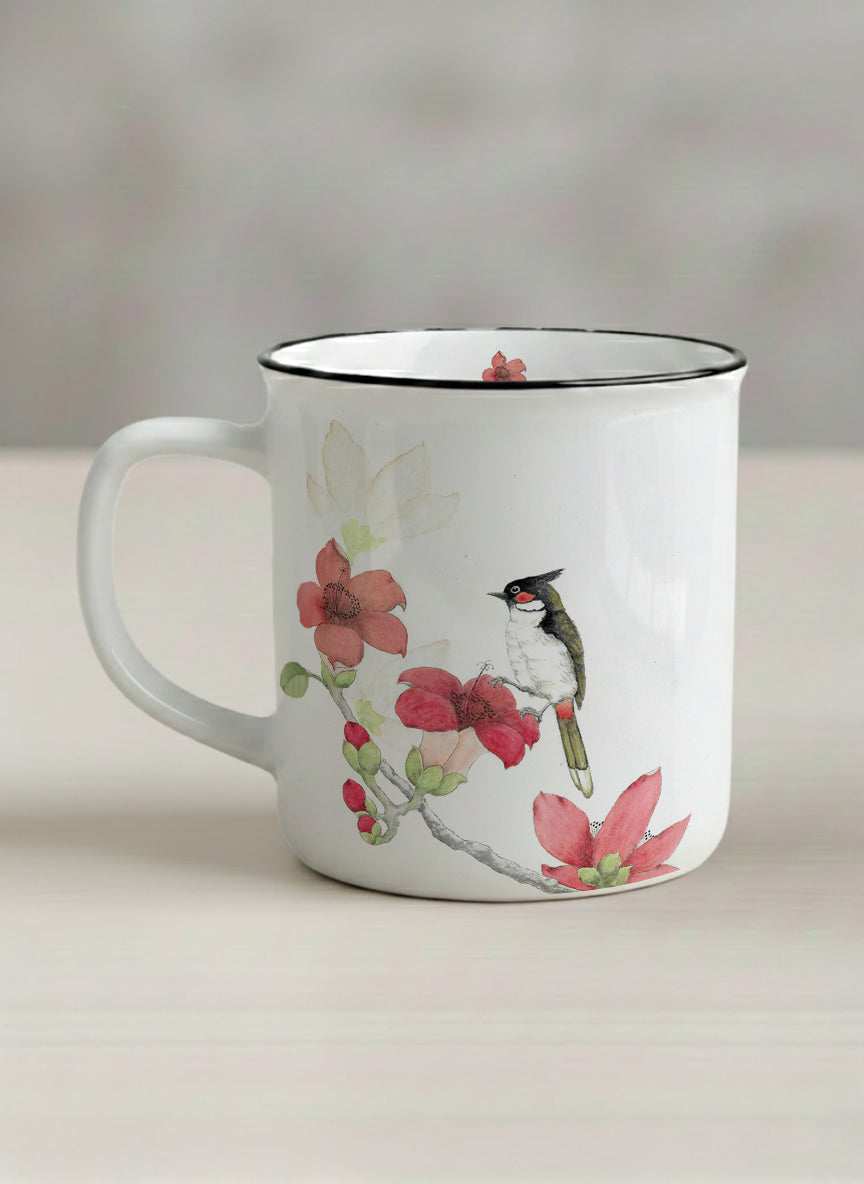 Enamel Mug | The Radiance of Red Kapok left view mug with watercolor illustration of a red bird and pink flowers artwork by Alice Wong - Gallery By Inhesion