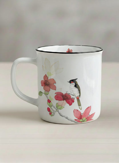 Enamel Mug | The Radiance of Red Kapok left view mug with watercolor illustration of a red bird and pink flowers artwork by Alice Wong - Gallery By Inhesion