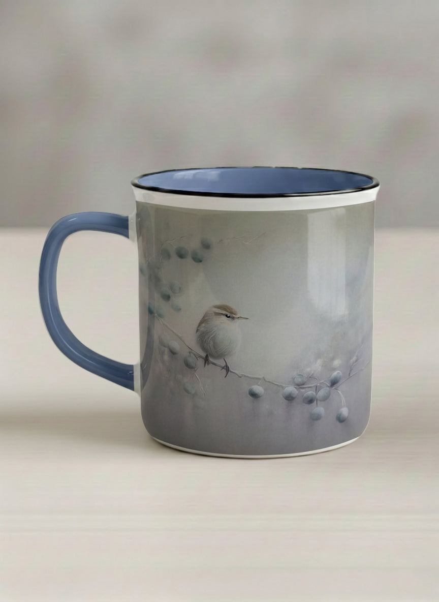 enamel mug | A Quiet Moment left view mug, solitary bird perched in a soft misty landscape with delicate dot details, dusty blue interior and handle, by Karina Mosser - Gallery By Inhesion