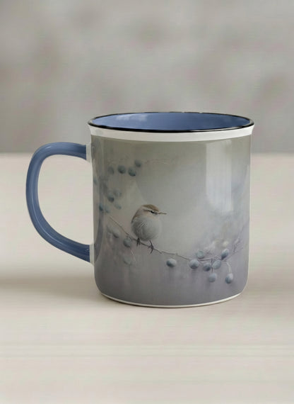 enamel mug | A Quiet Moment left view mug, solitary bird perched in a soft misty landscape with delicate dot details, dusty blue interior and handle, by Karina Mosser - Gallery By Inhesion