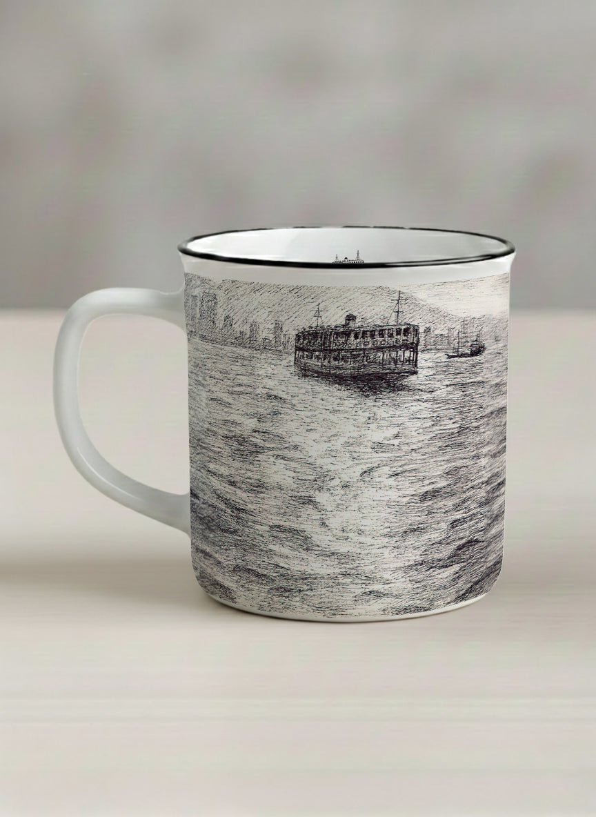 Enamel Mug | Shimmering Passage left view mug showing a pen drawing Star Ferry in Hong Kong by Samuel Kwok - Gallery By Inhesion