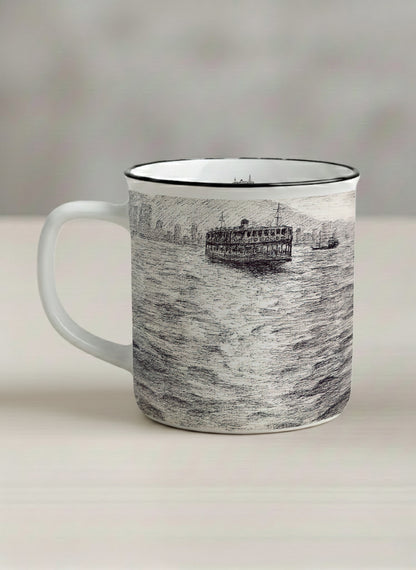 Enamel Mug | Shimmering Passage left view mug showing a pen drawing Star Ferry in Hong Kong by Samuel Kwok - Gallery By Inhesion