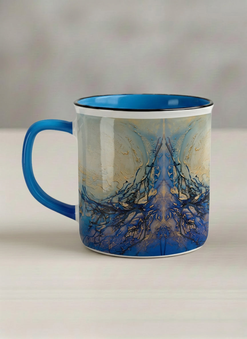 Enamel Mug | Touches of depth left view mug showing abstract pattern in blue, white, and gold by Mersedes Mein - Gallery By Inhesion