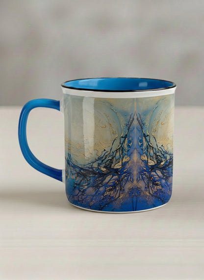 Enamel Mug | Touches of depth left view mug showing abstract pattern in blue, white, and gold by Mersedes Mein - Gallery By Inhesion