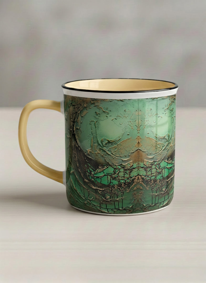 Enamel Mug | Emerald Magic left view mug showing abstract marbled pattern in green, gold, and earthy tones by Mersedes Mein - Gallery By Inhesion
