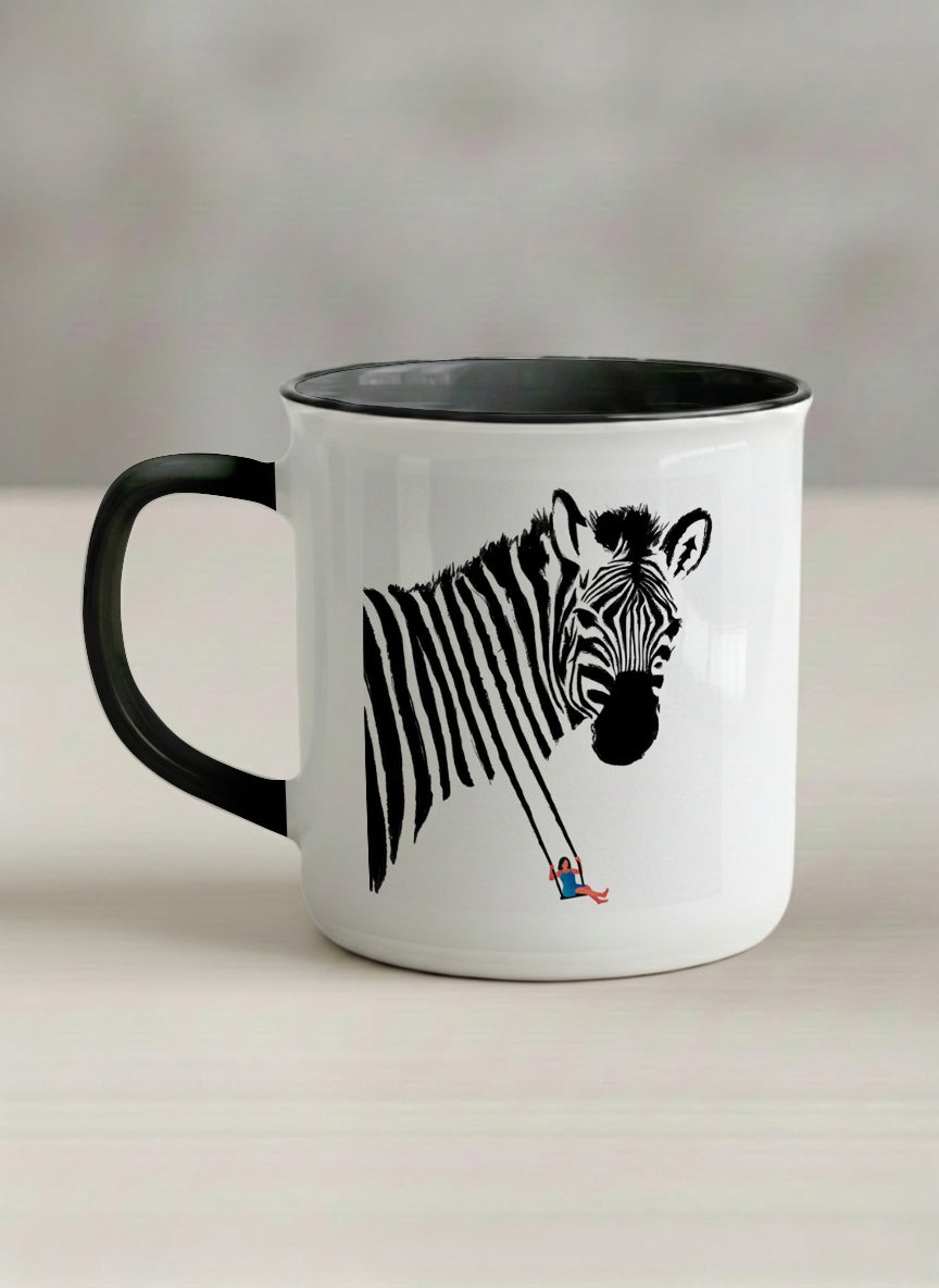 Enamel Mug | Swinging between reality and illusion left view mug with a zebra illustration and a person swinging under it by Tang Yau Hoong - Gallery By Inhesion