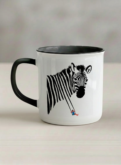 Enamel Mug | Swinging between reality and illusion left view mug with a zebra illustration and a person swinging under it by Tang Yau Hoong - Gallery By Inhesion