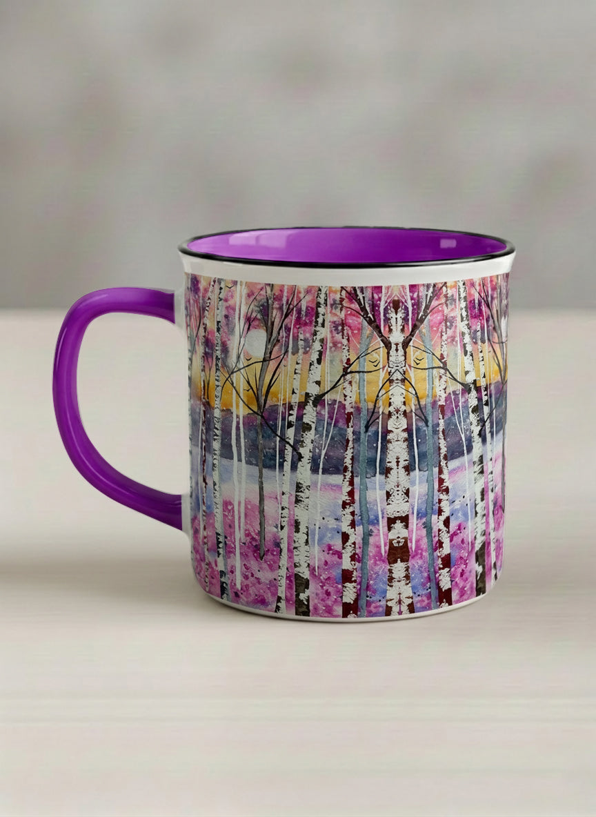 Enamel Mug | Living in Colour left view mug shows colorful watercolor birch trees in a dreamy forest landscape by Renee Pupetz - Gallery By Inhesion