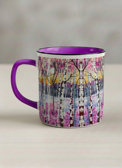 Enamel Mug | Living in Colour left view mug shows colorful watercolor birch trees in a dreamy forest landscape by Renee Pupetz - Gallery By Inhesion