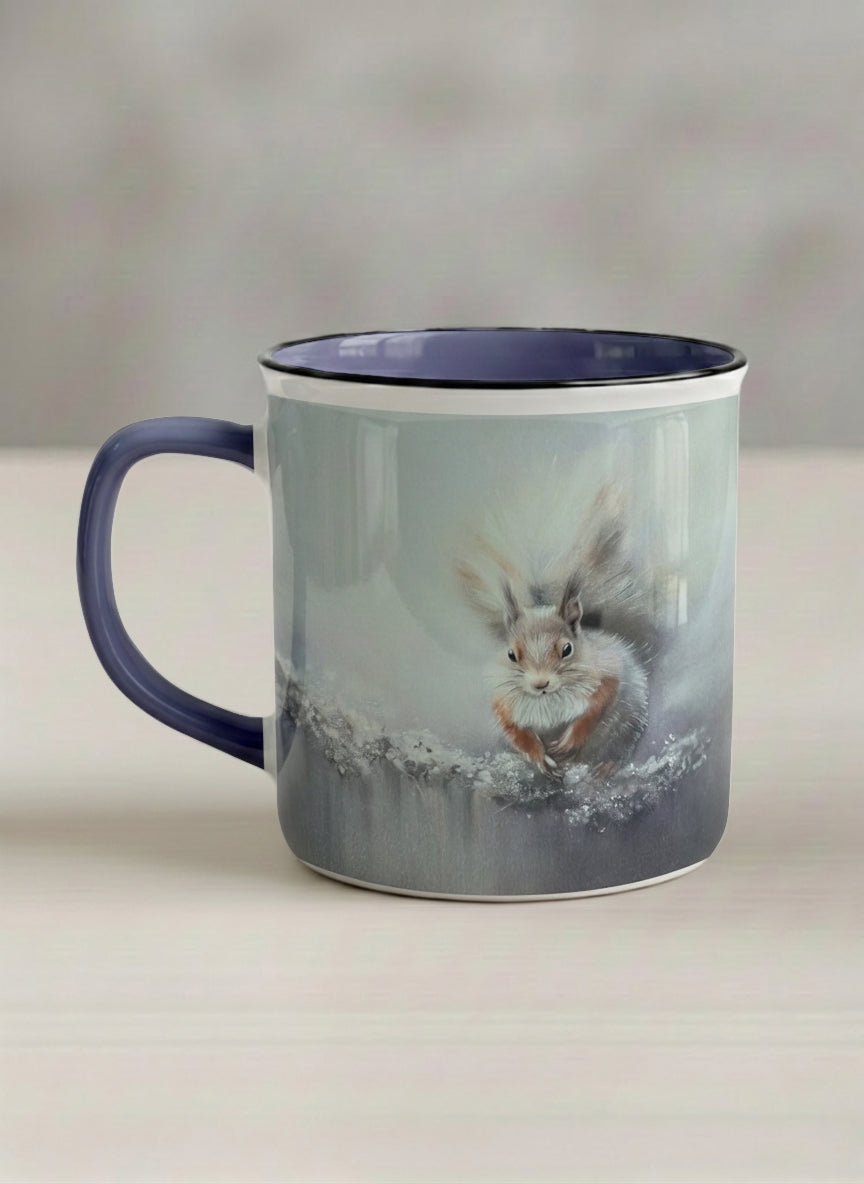 Enamel mug | Caught in Frost left view mug, wide-eyed squirrel emerging from a misty winter ground, slate blue interior and handle, by Karina Mosser - Gallery By Inhesion
