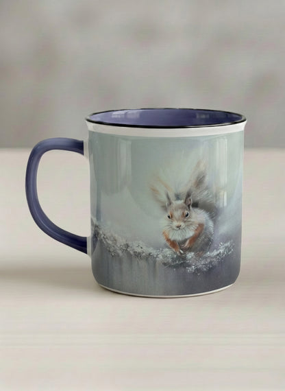 Enamel mug | Caught in Frost left view mug, wide-eyed squirrel emerging from a misty winter ground, slate blue interior and handle, by Karina Mosser - Gallery By Inhesion