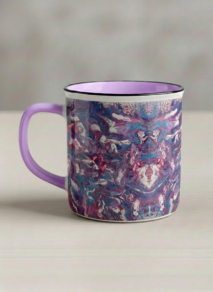 Enamel Mug | Blush Bloom left view mug with a vibrant, marbled pattern in pink and blue hues by Renee Pupetz - Gallery By Inhesion