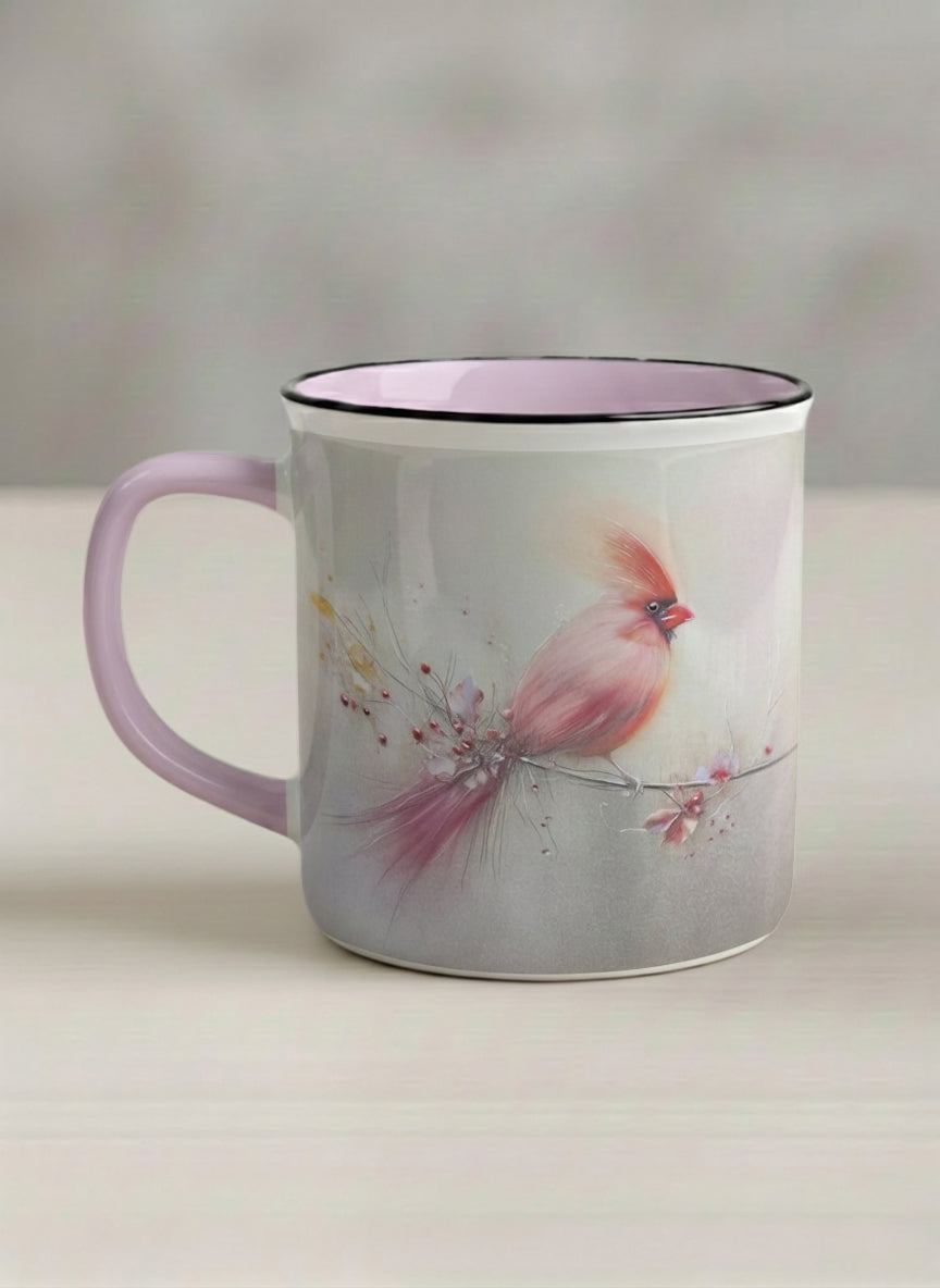 Enamel mug | lossom Visitor left view mug, a delicate pink cardinal perched on a wispy blossom branch against a soft ivory mist, blush pink interior and handle, by Karina Mosser - Gallery By Inhesion