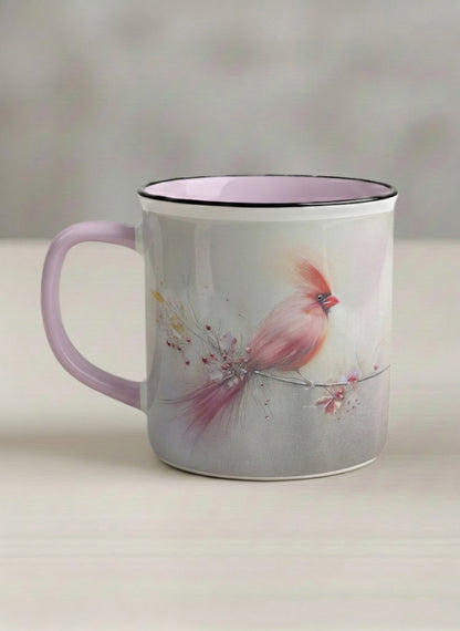 Enamel mug | lossom Visitor left view mug, a delicate pink cardinal perched on a wispy blossom branch against a soft ivory mist, blush pink interior and handle, by Karina Mosser - Gallery By Inhesion