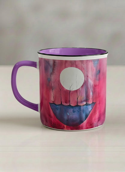 Enamel mug | Sail the Moon left view mug with watercolor night scene, boat silhouette, trees and full moon, purple handle and interior by Renee Pupetz - Gallery By Inhesion