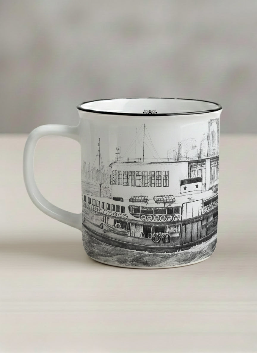 Enamel Mug | The Star of the Harbor left view mug showing a sketch of Star Ferry Pier in Hong Kong by Samuel Kwok - Gallery By Inhesion