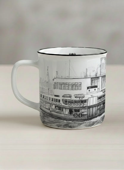 Enamel Mug | The Star of the Harbor left view mug showing a sketch of Star Ferry Pier in Hong Kong by Samuel Kwok - Gallery By Inhesion