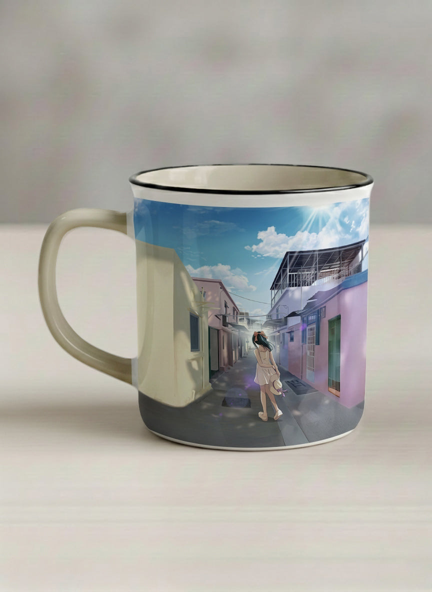 Enamel Mug | The Secret Passage left view mug showing a colorful street scene with a girl walking in a vibrant alley by Samuel Kwok - Gallery By Inhesion