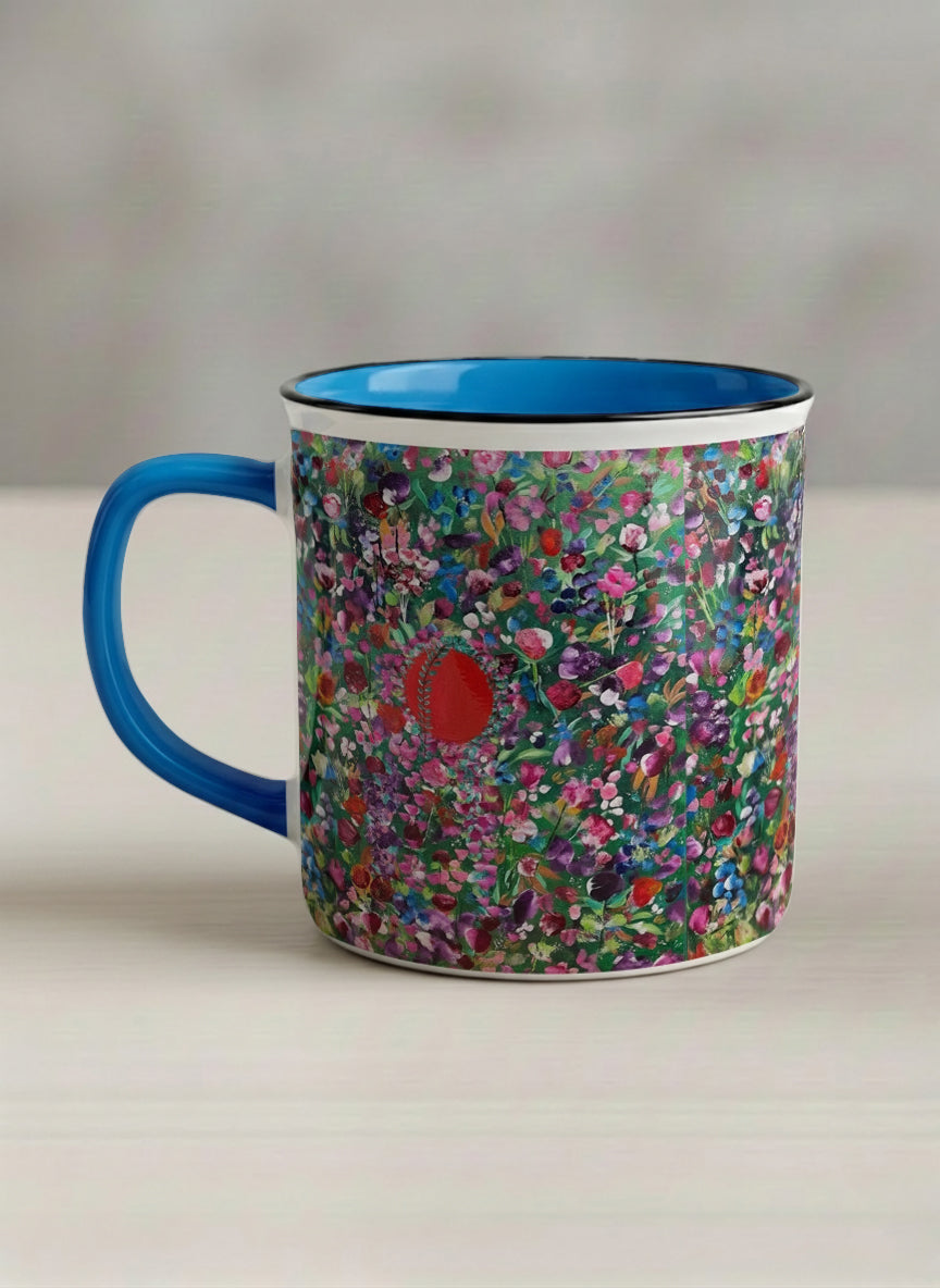 Enamel Mug | Eye Candy left view mug showing vibrant floral patterns design by Renee Pupetz - Gallery By Inhesion
