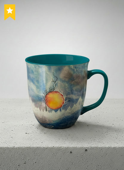 Ronny Mug | Sun Rise mug with a colorful sun rise over a misty landscape and abstract trees by Renee Pupetz - Gallery By Inhesion