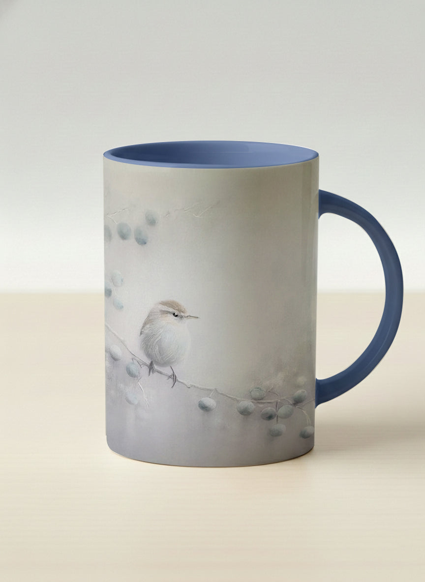 hero mug | A Quiet Moment mug,solitary bird perched in a soft misty landscape with delicate dot details, dusty blue interior and handle, by Karina Mosser - Gallery By Inhesion