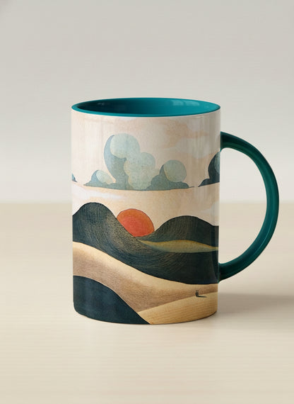 hero mug | Share a Sunset mug a lone figure walking through rolling sand dunes beneath a glowing orange sun and layered teal clouds, deep teal interior and handle, by KikaG - Gallery By Inhesion
