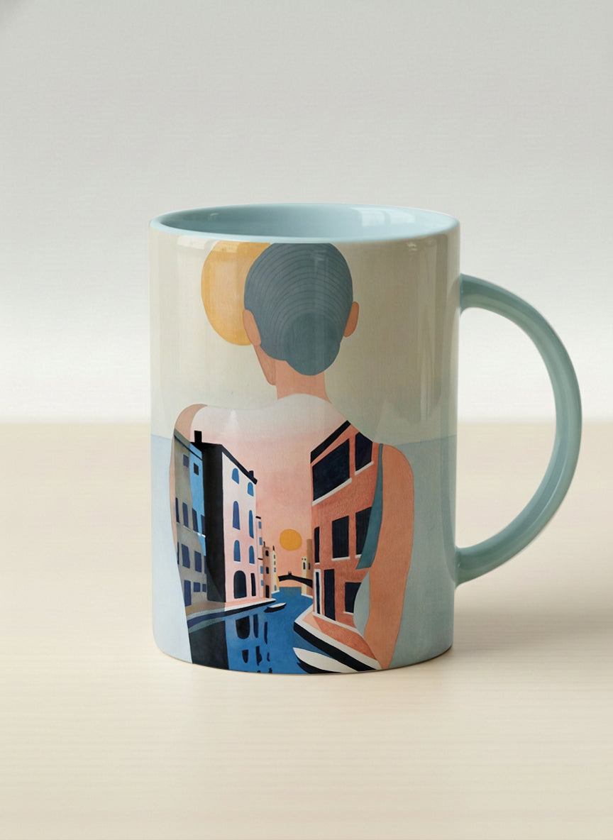 hero mug | Memory on the Bridge mug a solitary figure gazing over a sunlit Venetian canal lined with terracotta buildings, soft powder blue interior and handle, by KikaG - Gallery By Inhesion