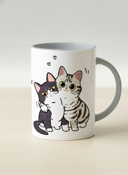 hero mug | Best Buddies mug small tuxedo cat leaning into a chubby tabby with tiny floating hearts, sage interior, by Hyun Jung Cho