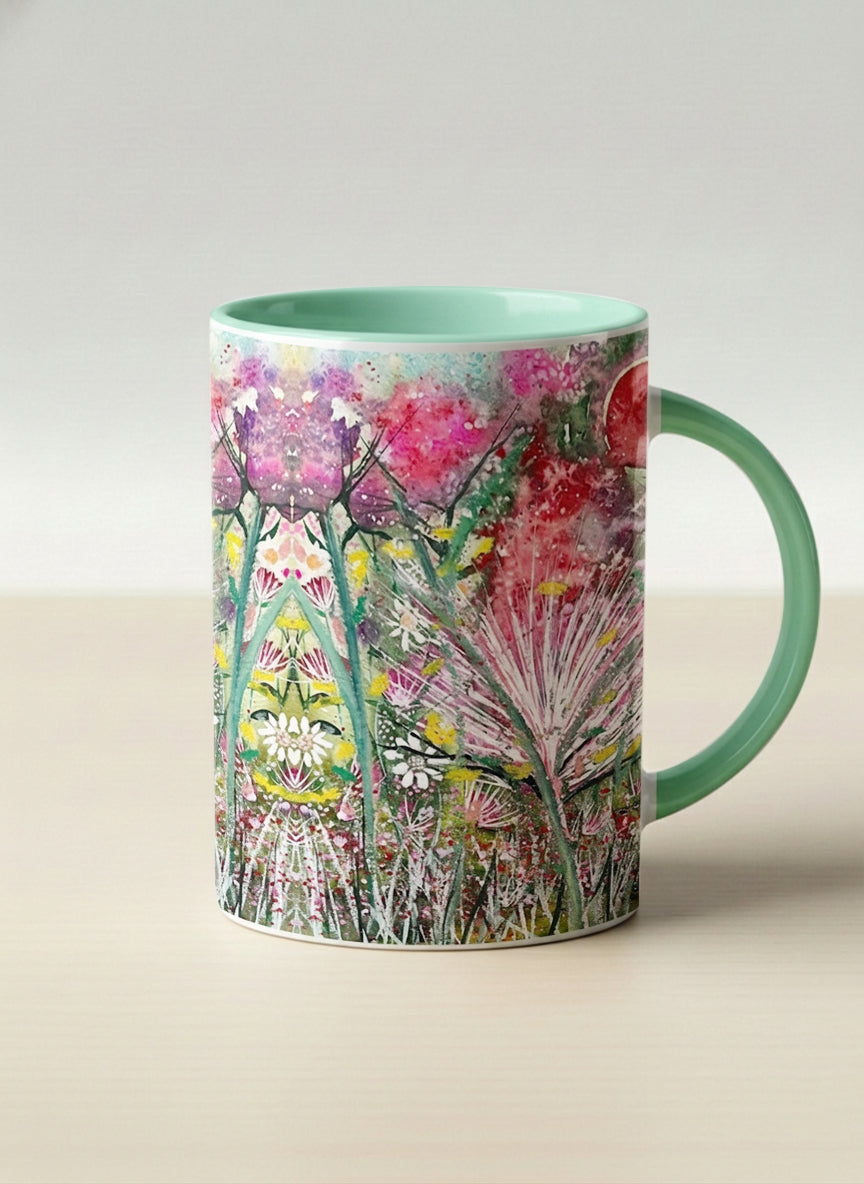 Hero Mug | Garden Mantra mug with a vibrant floral design and colorful abstract pattern by Renee Pupetz - Gallery By Inhesion