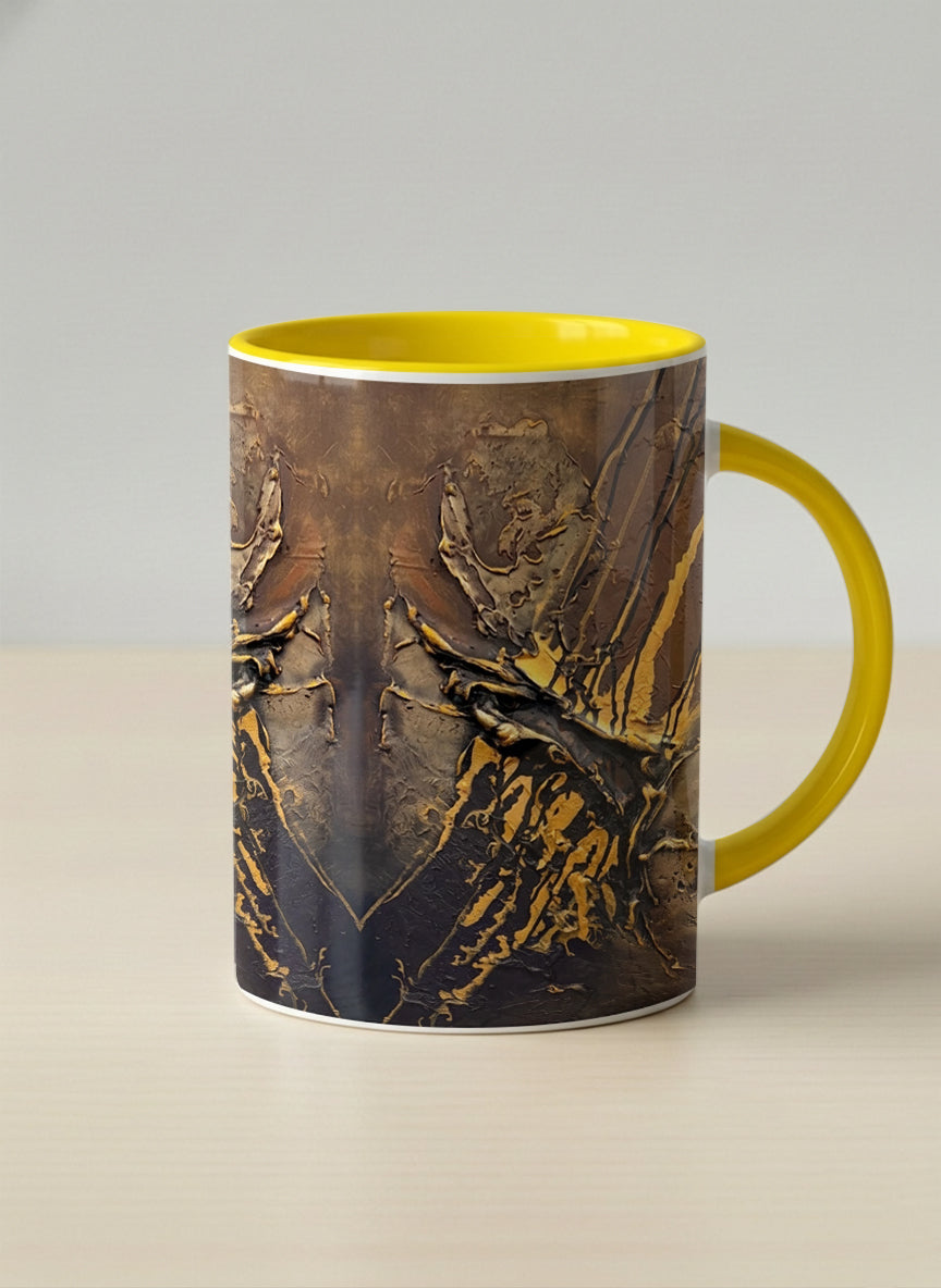Hero Mug | Unfolding Luminance mug showing abstract marbled pattern in brown, black, and gold tones by Mersedes Mein - Gallery By Inhesion