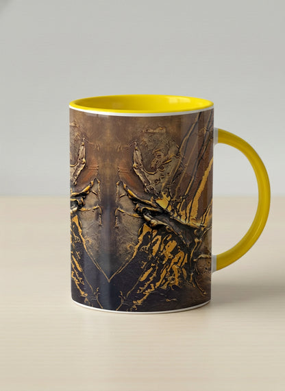 Hero Mug | Unfolding Luminance mug showing abstract marbled pattern in brown, black, and gold tones by Mersedes Mein - Gallery By Inhesion