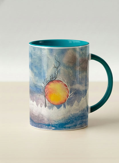 Hero Mug | Sun Rise mug with a colorful sun rise over a misty landscape and abstract trees by Renee Pupetz - Gallery By Inhesion