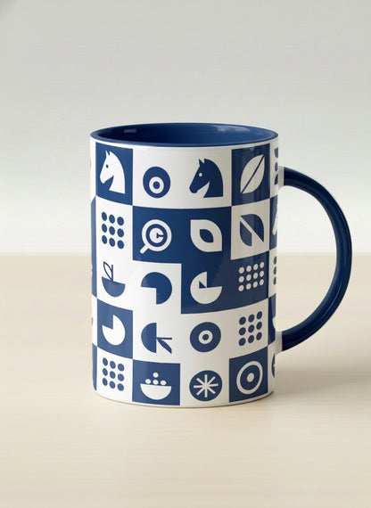 Hero Mug | Multiversal Sigils mug, navy and white checkerboard pattern with icons, blue interior and handle, by Alan CL Lee - Gallery By Inhesion