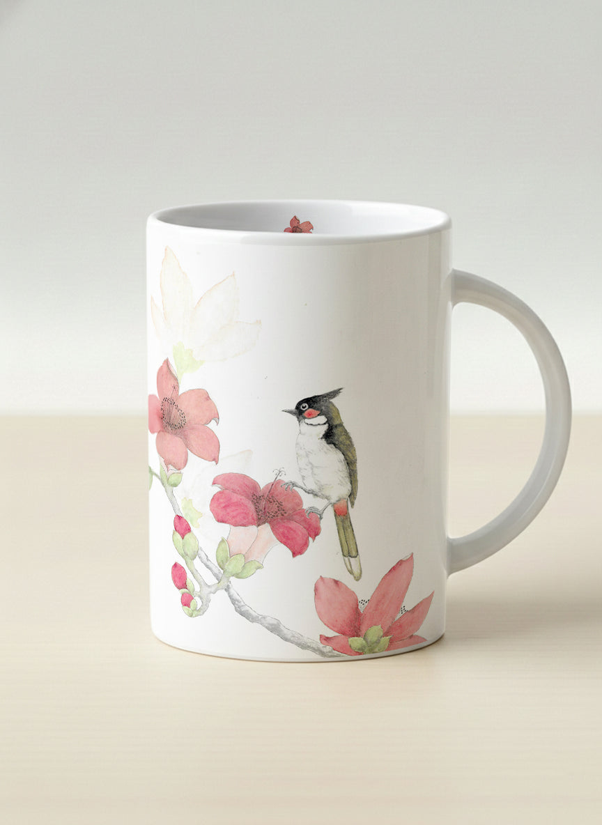 Hero Mug | The Radiance of Red Kapok mug with watercolor illustration of a red bird and pink flowers artwork by Alice Wong - Gallery By Inhesion