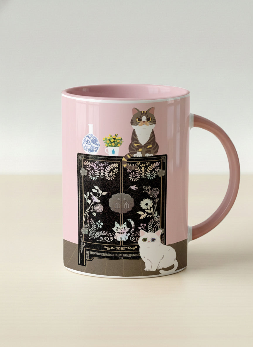 Hero Mug | Korean Beauty & Felines mug cats by ornate black lacquer cabinet with floral carvings, blush pink interior, by Hyun Jung Cho