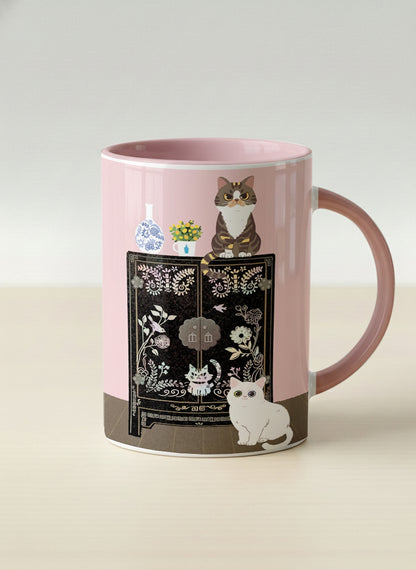Hero Mug | Korean Beauty & Felines mug cats by ornate black lacquer cabinet with floral carvings, blush pink interior, by Hyun Jung Cho