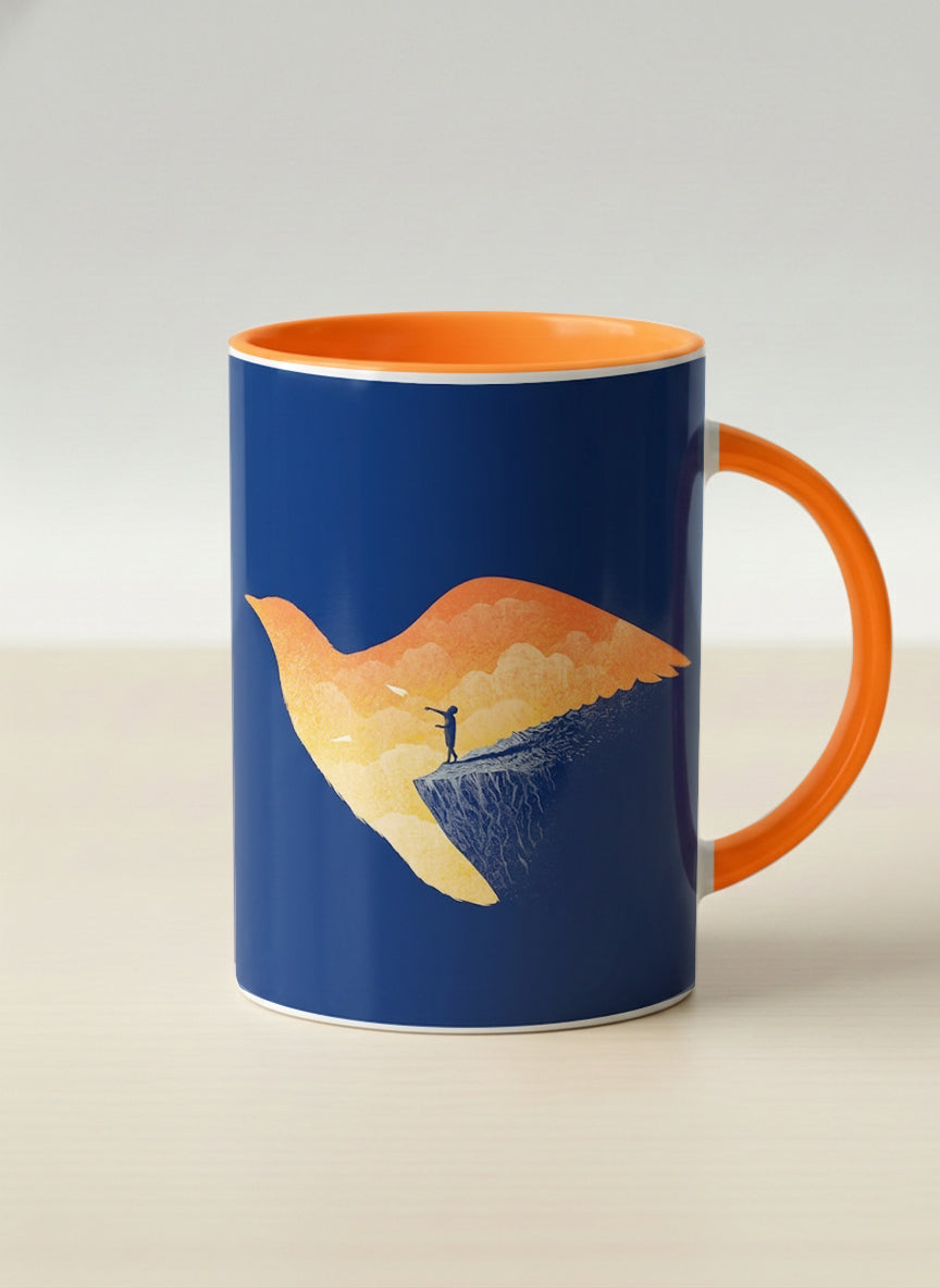Hero Mug | Dream Big mug with surreal flying bird illustration in sunset colors by Tang Yau Hoong - Gallery By Inhesion