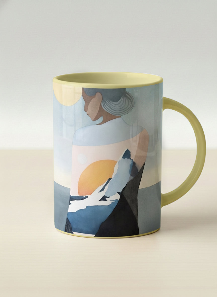 Hero mug | A Mountain to Climb mug woman gazing over jagged peaks and a golden sun on teal horizon, butter yellow interior, by KikaG - Gallery By Inhesion
